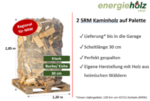 Frisches Kaminholz als Buche/Eiche-Mix auf 2-SRM-Palette