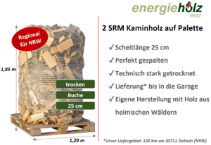 Trockenes Kaminholz aus Buche – 25 cm – auf 2-SRM-Palette