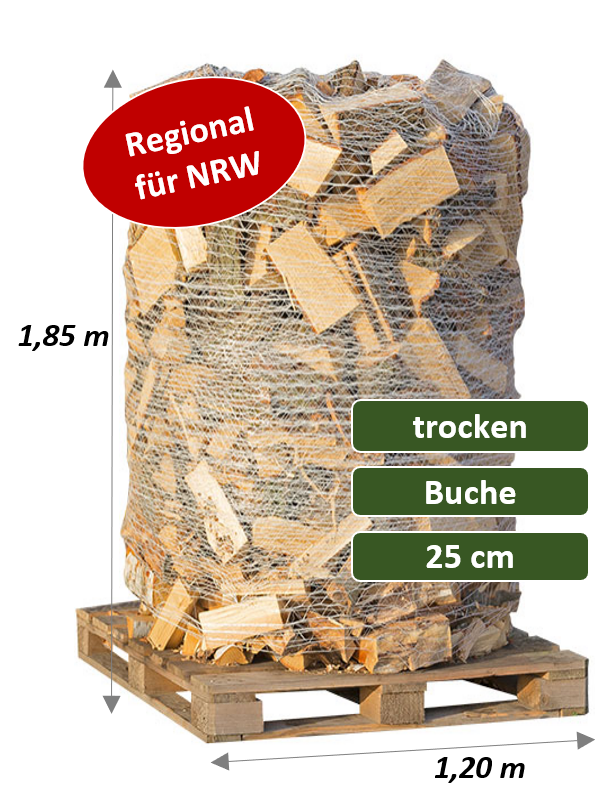 Trockenes Kaminholz aus Buche – 25 cm – auf 2-SRM-Palette