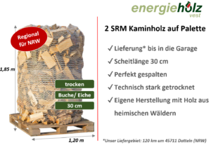 Trockenes Kaminholz als Buche/Eiche-Mix auf 2-SRM-Palette
